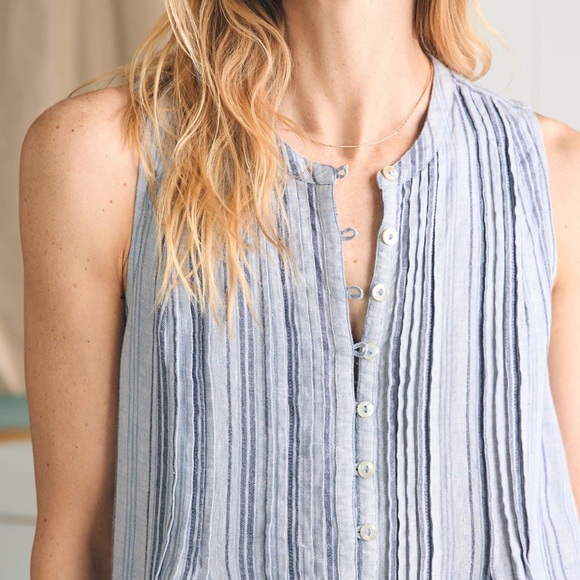 Faherty Isha 100% Linen Dress Women’s Sz M Blue Striped Sleeveless Beach Summer - Picture 2 of 11